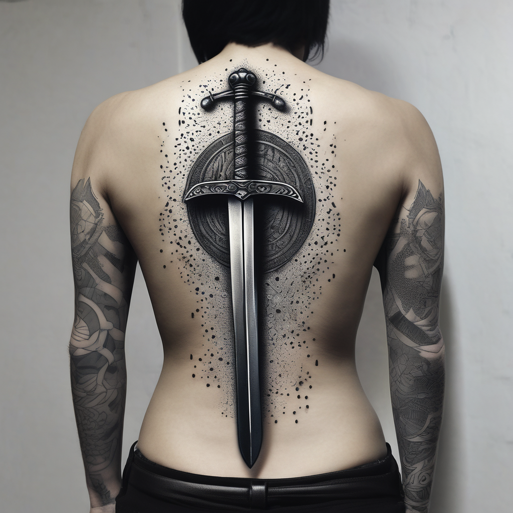 sword tattoo for back with words memento mori english dragon tattoo, design de tatouage Dotwork généré par IA